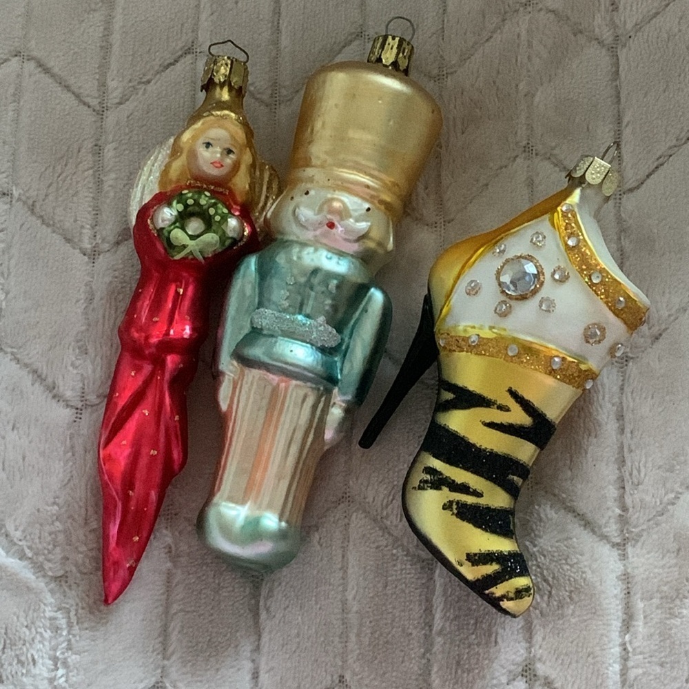 Set of 3 Lillian Vernon Glass Nutcracker angel & heel Ornaments Made‎ in Germany